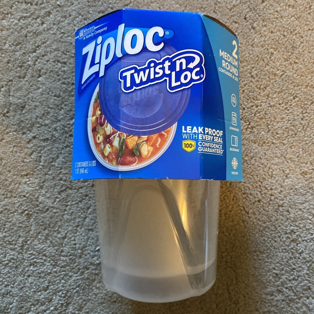 NEW! ZIPLOC TWIST N LOC SET OF (2) MEDIUM ROUND CONTAINERS W/LIDS 4 CUP 32 OZ